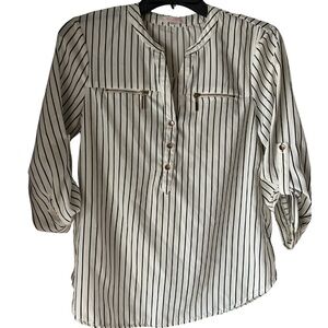 White Striped Button-Down Top – Black Vertical Stripes, Roll-Tab Sleeves